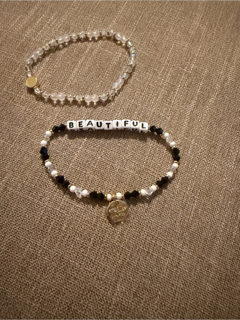 Beautiful Beaded Stretch Bracelet with Gold Charm - Black & White